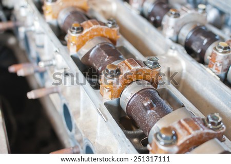 Engine in close-up, camshaft, gear valves and belt