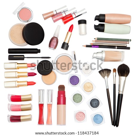 Collection of make-up accessories on white background