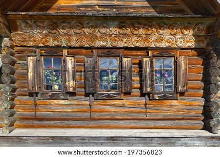 Wall of old wood house in Suzdal. Russia