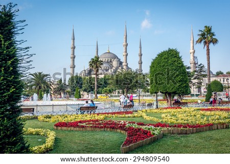 Istanbul, Turkey - July 07, 2015: The Sultanahmet square is one of the most popular tourist place with the numerous landmarks. Tourists visit in Istanbul.