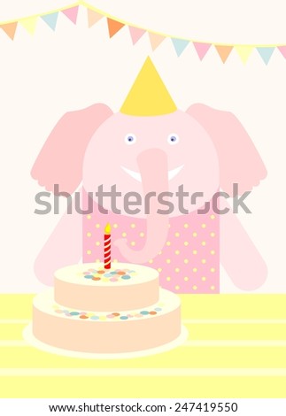 Greeting card.Birthday party with cute young animal. Elephant. Pastel colors.