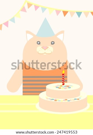 Birthday party with cute young animal. Cat. Pastel colors.