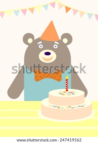 Birthday party with cute young animal. Bear. Pastel colors.