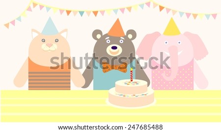 Birthday party with cute young animal. Pastel colors.