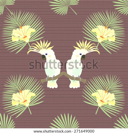 Tropical, exotic seamless pattern with white parrot, palm leaves, flowers. Vector.