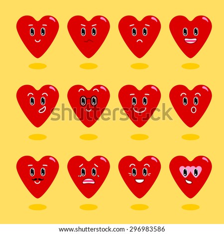 Heart. Cartoon characters with different emotions. Emotional icons. Emoticon. A set of emotions. Vector.