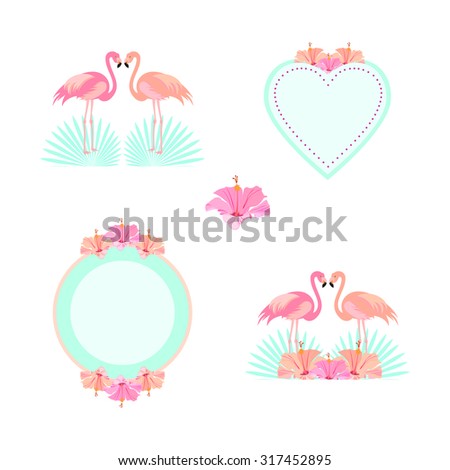 Set of decorative elements and framework with flowers. Pink flamingos and hibiscus flowers, palm leaves. Vector.