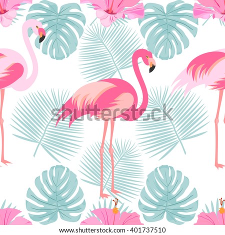 Tropical, exotic seamless pattern with palm leaves, exotic birds and flowers. Vector.
