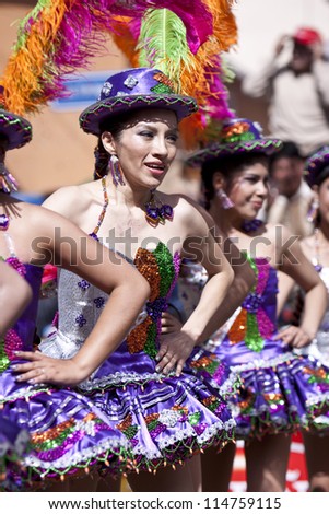 ORURO - FEBRUARY 13: A group of folkloric dancers dressed up for the Oruro Carnival February 13, 2010 in Oruro, Bolivia. Oruro Carnival is one of the biggest carnival in South America