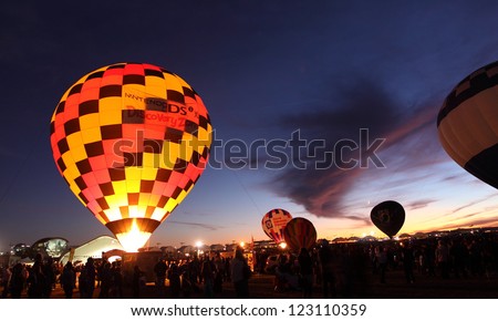 ALBUQUERQUE, NEW MEXICO - OCTOBER 9: Balloons glow during the morning glow event on October 9, 2010 in Albuquerque,New Mexico.Albuquerque balloon fiesta is the biggest balloon event in the the world.