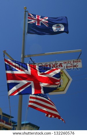 GEORGETOWN,CAYMAN ISLANDS - Cayman Islands and British Flag are flying on April 10 2008 in Georgetown, Cayman Islands. Georgetown is a popular cruise stop.