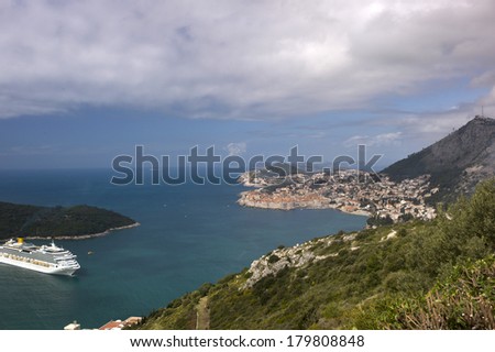 DUBROVNIK, CROATIA - MAY 6: The cruise ship anchored very close to the famous coastal croatian city in Dubrovnik, Croatia on May 6, 2013. Dubrovnik is a popular cruise destination.
