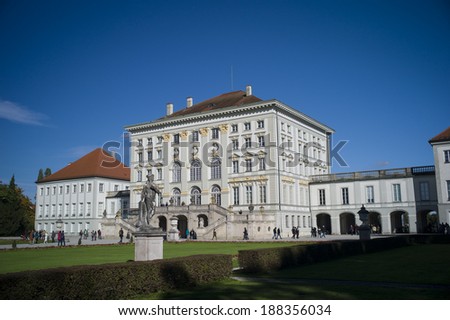 MUNICH, GERMANY - OCT 18: people at Nymphenburg Palace, the summer residence of the Bavarian kings, in Munich, Germany on October 18, 2013. This palace welcomes 300,000 visitors per year.