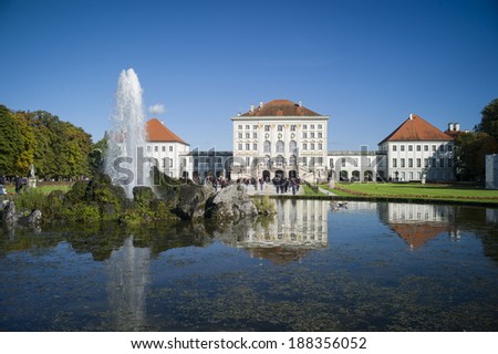 MUNICH, GERMANY - OCT 18: people at Nymphenburg Palace, the summer residence of the Bavarian kings, in Munich, Germany on October 18, 2013. This palace welcomes 300,000 visitors per year.