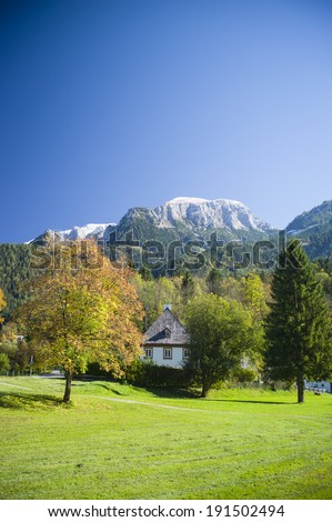 BERCHTESGADEN, GERMANY Ã¢Â?Â? OCT20: The village houses in front of Bavarian Alps in Berchtesgaden, Germany on October 20 2013. It is a famous resort area for German.