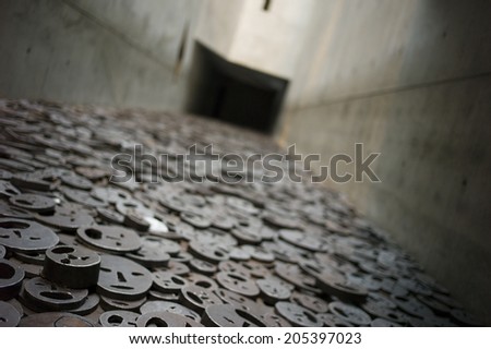 BERLIN, GERMANY - NOV 3: The artwork called Fallen Leaves in a section of the Void in Jewish museum in Berlin, Germany on November 3 2013.