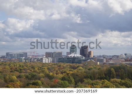 BERLIN, GERMANY - NOV 5: The view to Brandenburg Gate in Autumn from The Victory Column in Tiergarten, Berlin, Germany on November 5 2013.