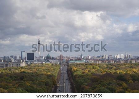 BERLIN, GERMANY - NOV 5: The view to Brandenburg Gate in Autumn from The Victory Column in Tiergarten, Berlin, Germany on November 5 2013.
