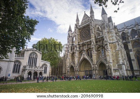 London, England - NOV 6: The Westminster Abbey in London, England on November 6 2013. It is the place of coronation and burial site for English and, later, British monarchs.