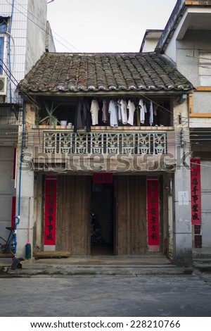 HUIZHOU, CHINA - SEP 10: An old-style village house in a very local village town in Huizhou, China on September 10 2014.