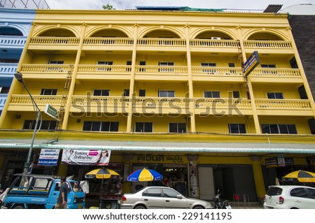 HAT YAI, THAILAND - OCT 4: Old historic houses, which are painted in colors, on the old street in Hat Yai, Thailand - October 4, 2014. The culture of this city is mainly influenced by Malay.