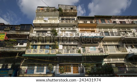 PHNOM PENH, CAMBODIA - NOV 17: Residential building in downtown viewed from the busy street in Phnom Penh, Cambodia on November 17 2014.