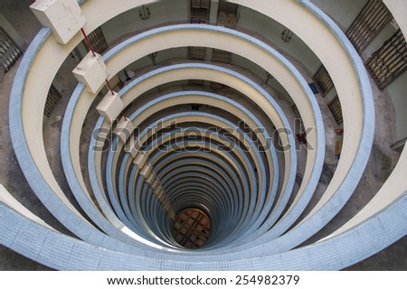HONG KONG - SEP 3: The patio view of Lai Tak Estate on September 3, 2014 in Hong Kong. Lai Tak Estate is one of the oldest public housing with special patio design, like a tunnel.