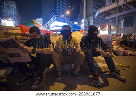 HONG KONG - OCT 15: The protesters and Barricades in the middle of the road in Mongkok in Hong Kong on October 15 2014. Mongkok is the busiest district in Hong Kong.