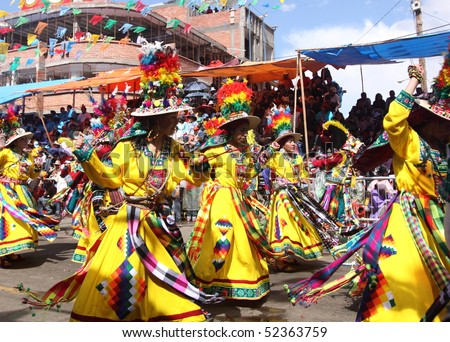 ORURO - FEBRUARY 13: A group of folkloric dancer dressed up for the Oruro Carnival February 13, 2010 in Oruro, Bolivia. Oruro Carnival is one of the biggest carnival in South America
