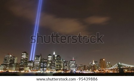 NEW YORK - SEPTEMBER 11: Light beams are lit at the site in memory of World Trade Center destroyed  on September 11, 2007 in New York, NY.