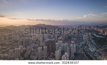 SHENZHEN, CHINA - MAY 2: The beautiful Shenzhen skyline at dusk on May 2 2015 in Shenzhen, China.