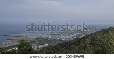 YILAN, TAIWAN - JUN 8: The view to pacific ocean and turtle island from the famous coffee castle cafe in Yilan county, Taiwan on June 8 2015.