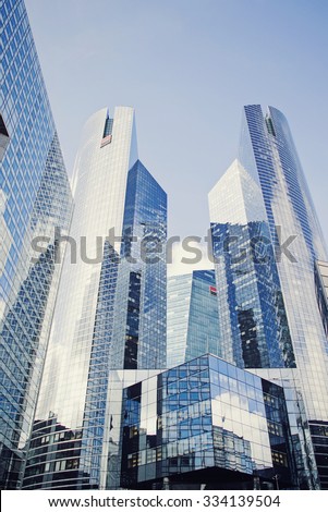 PARIS, FRANCE - SEP 20: View of Societe Generale headquarter in La Defense, Paris on September 20 2015. Societe Generale is a French multinational banking and financial services company.