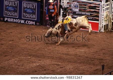 NEW YORK - JAN 10: An unidentified bull rider tried to stay on the bull for 8 seconds during the Professional Bull Rider tournament on January 10, 2009 in New York, NY.