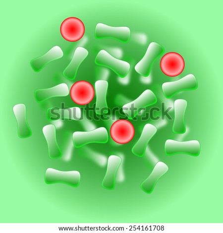 Red virus cells among other healthy green cells on green background with gradient