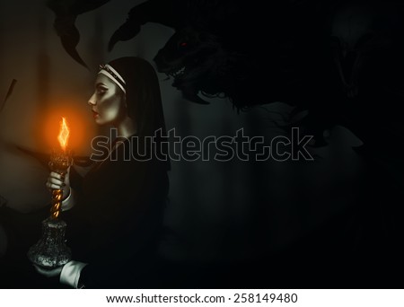 Dark art of nun, demon and candle light
