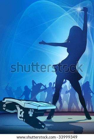 A female dancer in front of a nightlife club-scene with dancing people in the background.