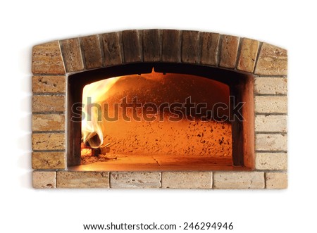 Traditional oven, made with rock and brick, isolated on white.