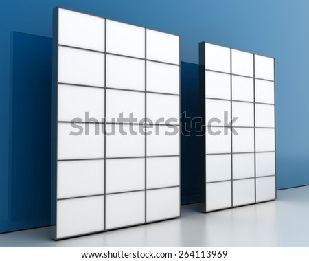 Blank display video walls, isolated on a blue surface, original 3d rendering.