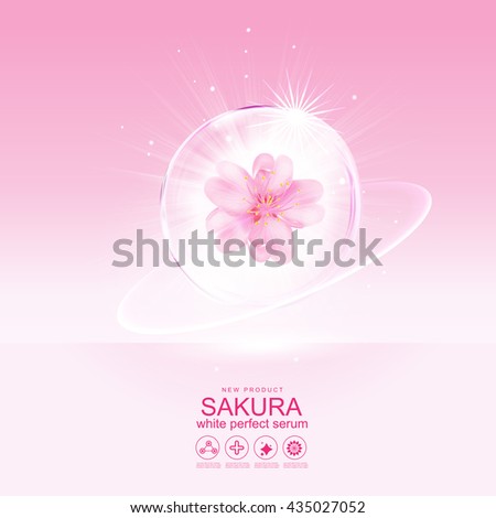 Sakura flower White Perfect Serum or Collagen Vitamin  and Background Vector Skin Care Cosmetic
