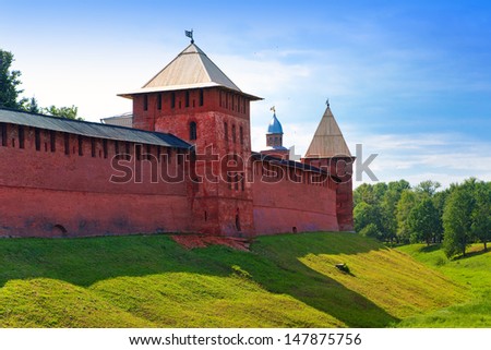 Great Novgorod. The Kremlin wall with Zlatoustovskya and Pokrovskaya towers. Russia