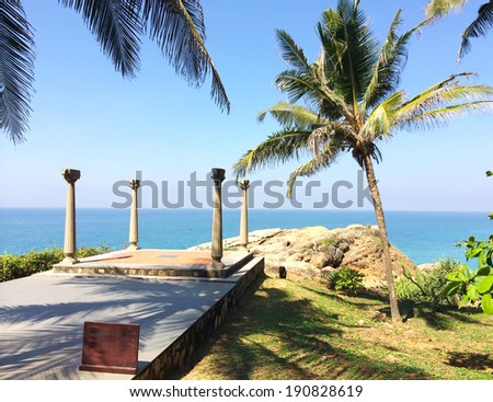 Site for meditations with columns on the edge of the rock over the ocean, Kerala, India