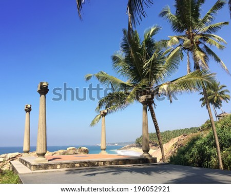 Site for meditations with columns on the edge of the rock over the ocean, Kerala, India