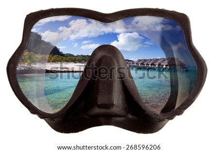 The tropical landscape is reflected in mask glasses for a snorkeling (diving)