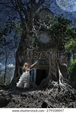 The woman in a wedding dress worships to the Moon at an entrance to the thrown temple, night, Cambodia
