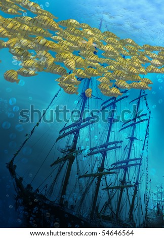 Sinking ship on sea bottom  and flight of fishes.