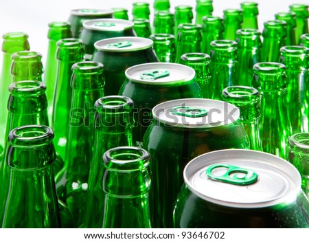 Empty glass beer bottles and cans