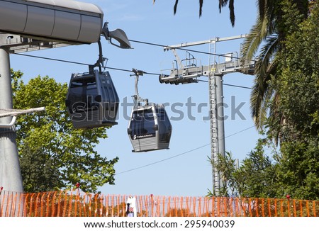 BARCELONA, SPAIN - 10 MAY, 2010: teleferics (overhead cable cars), way at Monjuic hill  10 May 2010 in Barcelona, Spain
