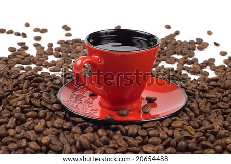 red and black eastern cup of coffee with waves on a coffee beans background