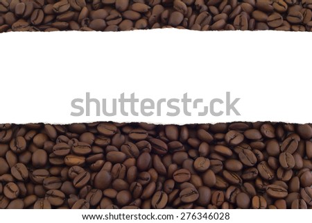 Teared paper crossing image on top part and all the rest covered with selection of coffee beans